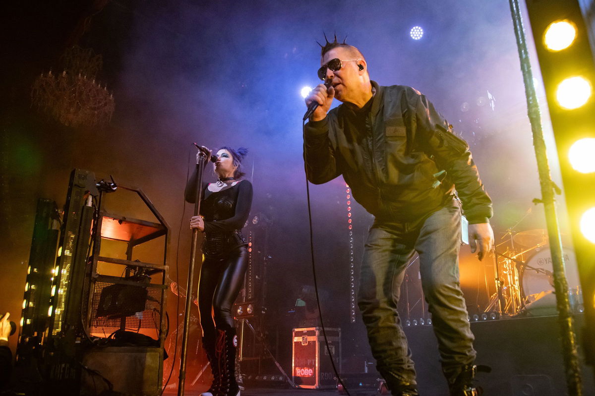 <i>Miikka Skaffari/Getty Images via CNN Newsource</i><br/>Lucia Cifarelli and Sascha Konietzko of KMFDM perform at The Fillmore on March 25