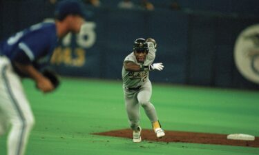 Oakland Athletics Rickey Henderson in action during a game against the Toronto Blue Jays in Toronto in 1995.