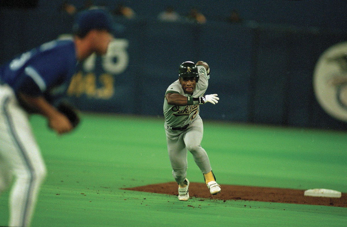 <i>Chuck Solomon/Sports Illustrated/Getty Images via CNN Newsource</i><br/>Oakland Athletics Rickey Henderson in action during a game against the Toronto Blue Jays in Toronto in 1995.