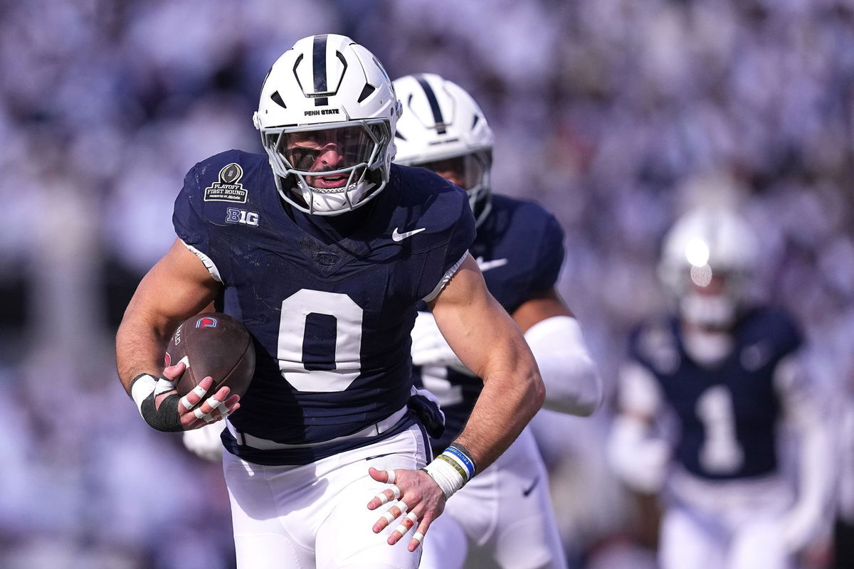 <i>Mitchell Leff/Getty Images via CNN Newsource</i><br/>Dominic DeLuca of the Penn State Nittany Lions intercepts a pass and returns it for a touchdown during the first quarter against the Southern Methodist Mustangs.