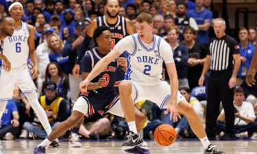 Duke's Cooper Flagg handles the ball as Auburn's Tahaad Pettiford defends at the Cameron Indoor Stadium.