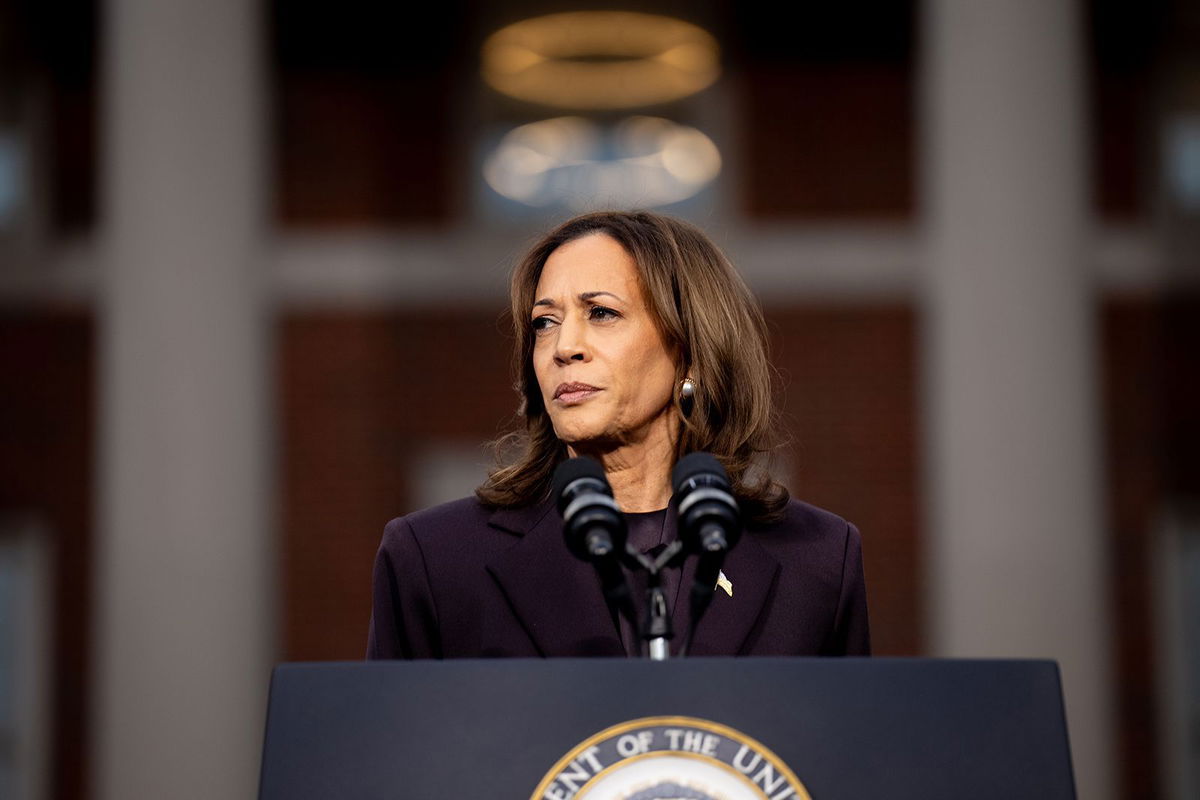 <i>Andrew Harnik/Getty Images via CNN Newsource</i><br/>Vice President Kamala Harris pauses while speaking on stage as she concedes the election at Howard University on November 6 in Washington