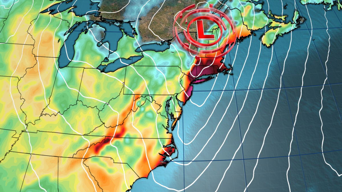 <i>CNN via CNN Newsource</i><br/>Strong winds (pictured) and wet weather will blow through the Northeast this week. This snapshot shows how strong wind gusts could become on December 11 with darker shades representing stronger wind gusts.