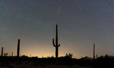 A meteor streaks through the night sky during the annual Geminid meteor shower in Lukeville