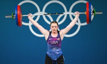 Olivia Reeves performs a snatch during the Weightlifting Women's 71kg at Paris 2024 on August 9.  Reeves became the first American lifter since 1958 to pair the world title with an Olympic gold medal.