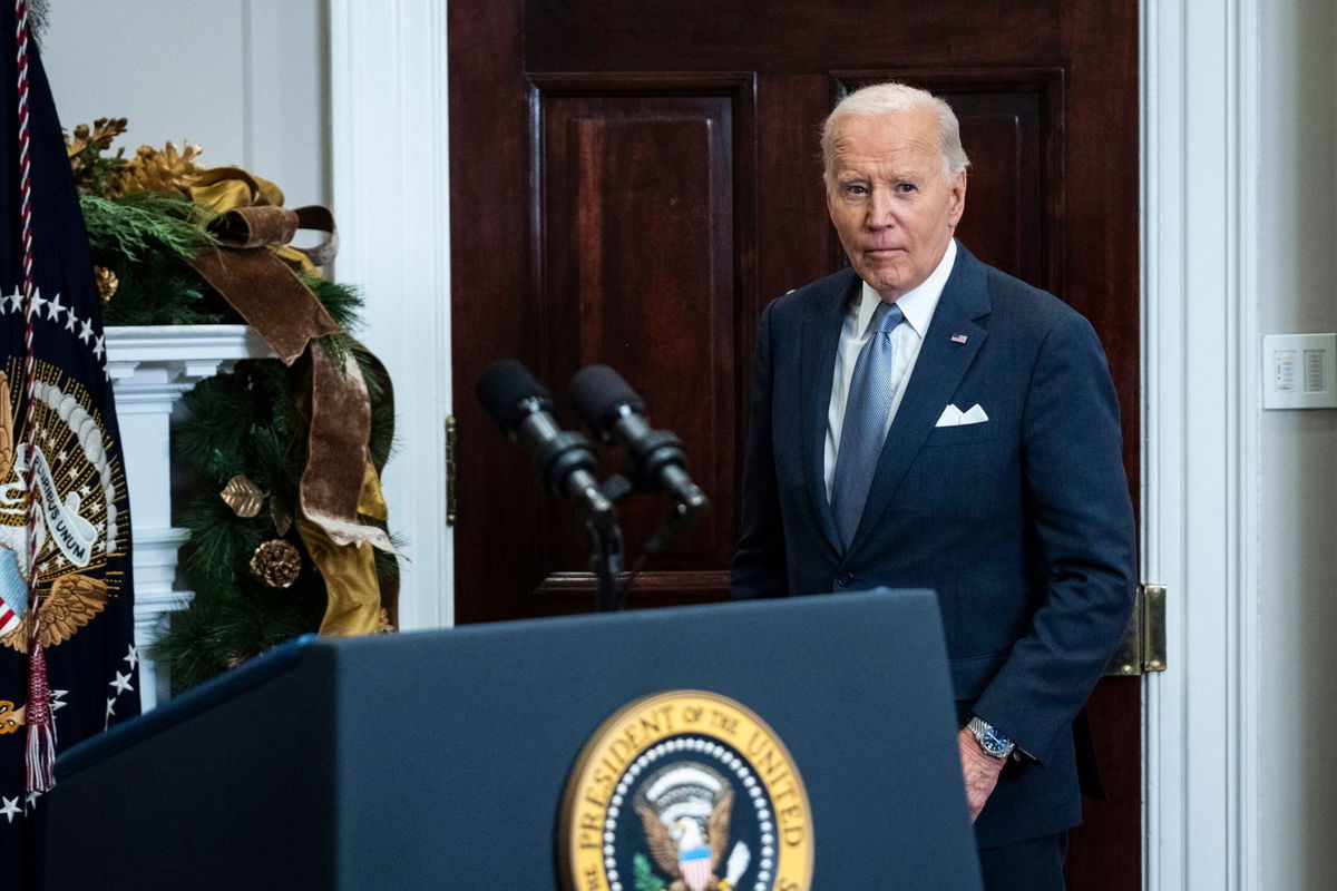 <i>Pete Marovich/Getty Images via CNN Newsource</i><br/>President Joe Biden delivers remarks on the latest developments in Syria from the Roosevelt Room of the White House on December 8 in Washington