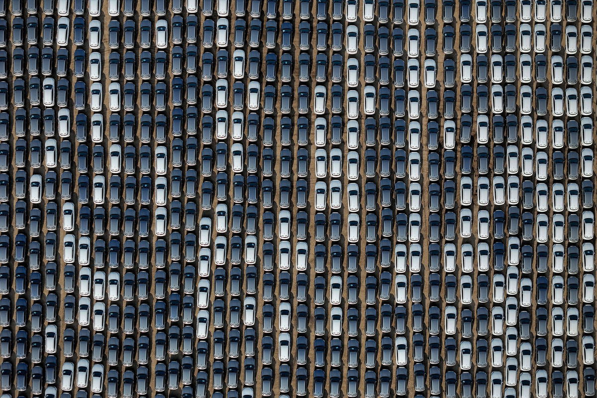 <i>STR/AFP/Getty Images via CNN Newsource</i><br/>BYD electric cars for export at a port in Yantai in eastern China's Shandong province on April 18.