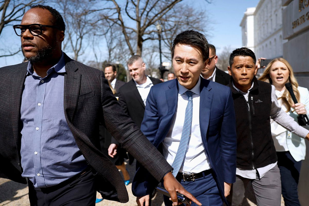 <i>Anna Moneymaker/Getty Images via CNN Newsource</i><br/>TikTok CEO Shou Zi Chew departs from the Russell Senate Office Building on March 14 in Washington