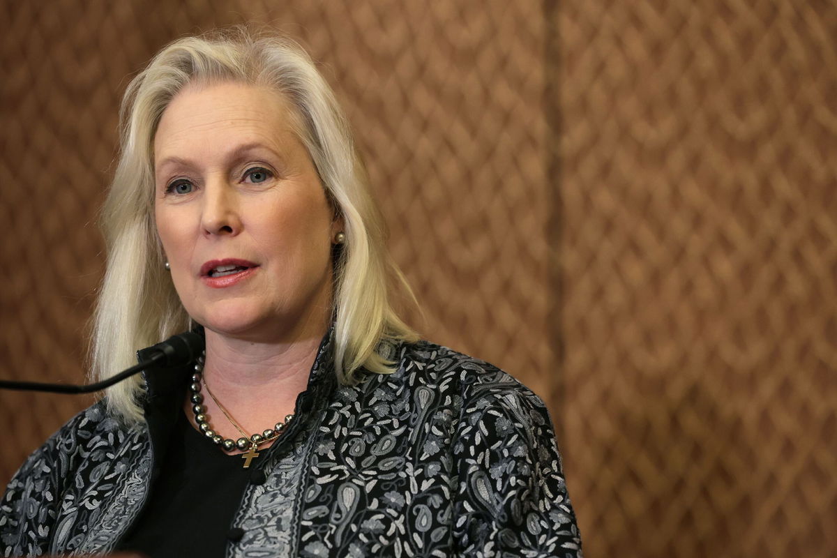 <i>Alex Wong/Getty Images via CNN Newsource</i><br/>Sen. Kirsten Gillibrand speaks during a news conference at the Capitol on February 1