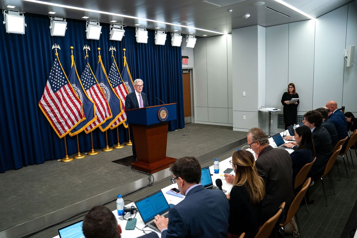 <i>Kent Nishimura/Getty Images via CNN Newsource</i><br/>Federal Reserve Chair Jerome Powell at a news conference on November 7 in Washington