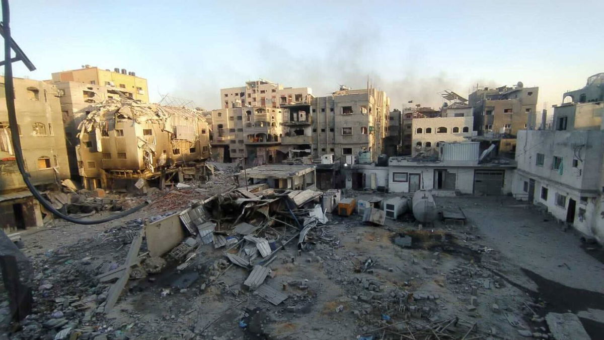 <i>Khalil Ramzi Alkahlut/Anadolu/Getty Images via CNN Newsource</i><br/>The courtyard of Kamal Adwan Hospital following an Israeli attack on it and its surrounding buildings in Beit Lahia