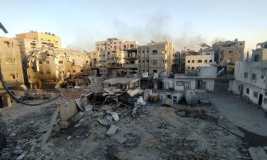 The courtyard of Kamal Adwan Hospital following an Israeli attack on it and its surrounding buildings in Beit Lahia