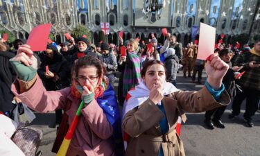 Protesters rally ahead of the inauguration ceremony for Georgian President-elect Mikheil Kavelashvili