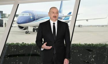 Azerbaijan's President Ilham Aliyev at Heydar Aliyev International Airport near Baku