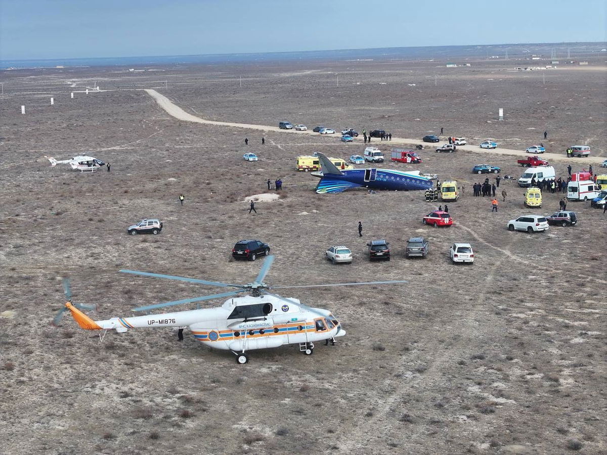 <i>Azamat Sarsenbayev/Reuters via CNN Newsource</i><br/>The crash site of an Azerbaijan Airlines passenger plane near the city of Aktau