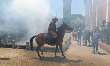 A mounted anti-riot police officer tries to escape the teargas used to disperse activists during a protest against the rise in alleged abductions of government critics in Nairobi