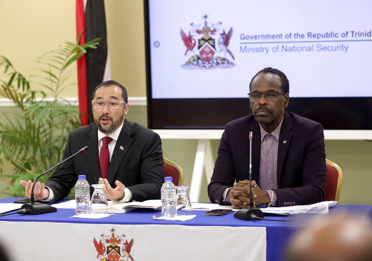 <i>Andrea De Silva/Reuters via CNN Newsource</i><br/>Acting Attorney General and Minister of Energy Stuart Young and Minister of National Security Fitzgerald Hinds hold a press conference at the National Security Ministry in Port of Spain