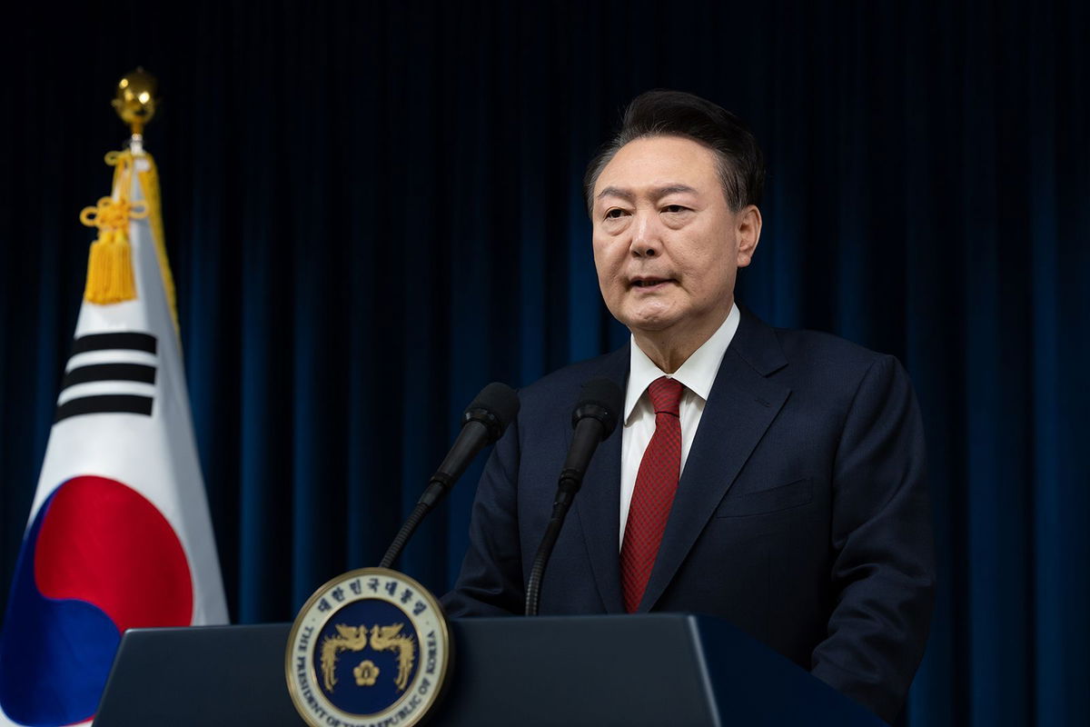 <i>South Korean Presidential Office/Getty Images via CNN Newsource</i><br/>South Korean President Yoon Suk-Yeol speaks to the nation at the Presidential Office in Seoul