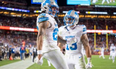 Detroit Lions running back Jahmyr Gibbs (26) celebrates after scoring a fourth quarter touchdown against the San Francisco 49ers.