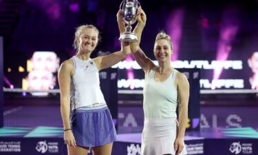 Routliffe and Dabrowski pose with the Martina Navratilova Doubles Trophy after defeating Katarina Siniakova and Taylor Townsend during the doubles final at King Saud University Indoor Arena of the WTA Finals on November 9.