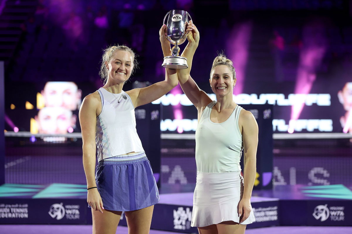 <i>Matthew Stockman/Getty Images via CNN Newsource</i><br/>Routliffe and Dabrowski pose with the Martina Navratilova Doubles Trophy after defeating Katarina Siniakova and Taylor Townsend during the doubles final at King Saud University Indoor Arena of the WTA Finals on November 9.