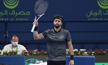 Nikoloz Basilashvili reacts after winning the semifinal of the 2022 ATP Qatar Open on February 18