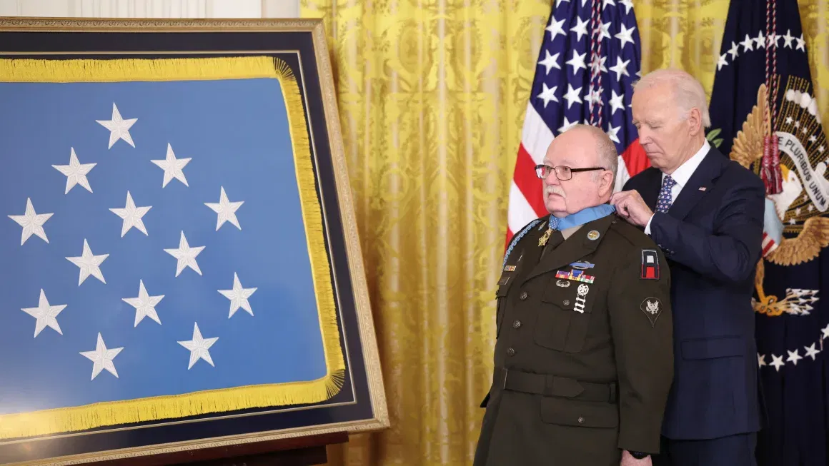 US President Joe Biden awards the Medal of Honor to Kenneth J. David for actions in the Vietnam War during a ceremony at the White House in Washington, DC, on January 3, 2025.