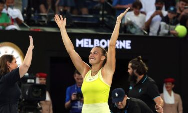 Aryna Sabalenka celebrates beating Sloane Stephens in the first round of the Australian Open.