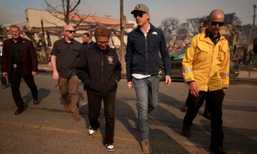 California Gov. Gavin Newsom and Los Angeles Mayor Karen Bass tour the downtown business district of Pacific Palisades as the Palisades Fire continues to burn on January 8