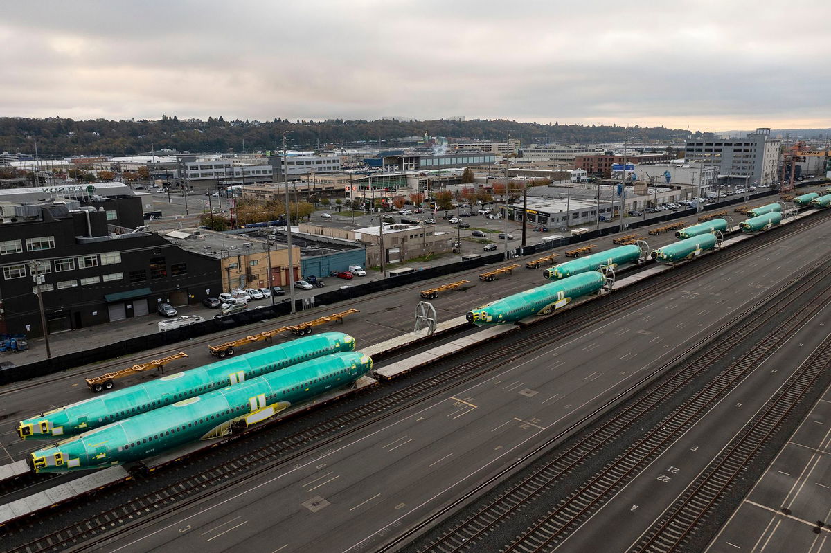 <i>David Ryder/Getty Images via CNN Newsource</i><br/>Boeing 737 Max fuselages are seen on railcars during an ongoing strike by Boeing factory workers on October 24 in Seattle