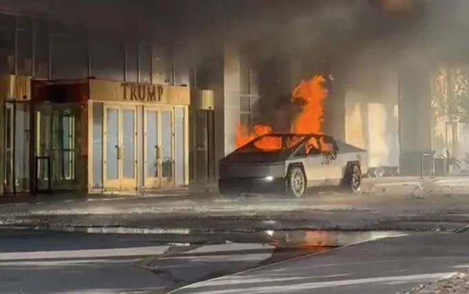 <i>Alcides Antunes via CNN Newsource</i><br/>A Tesla Cybertruck is on fire in front of the Trump International Tower in Las Vegas on Wednesday