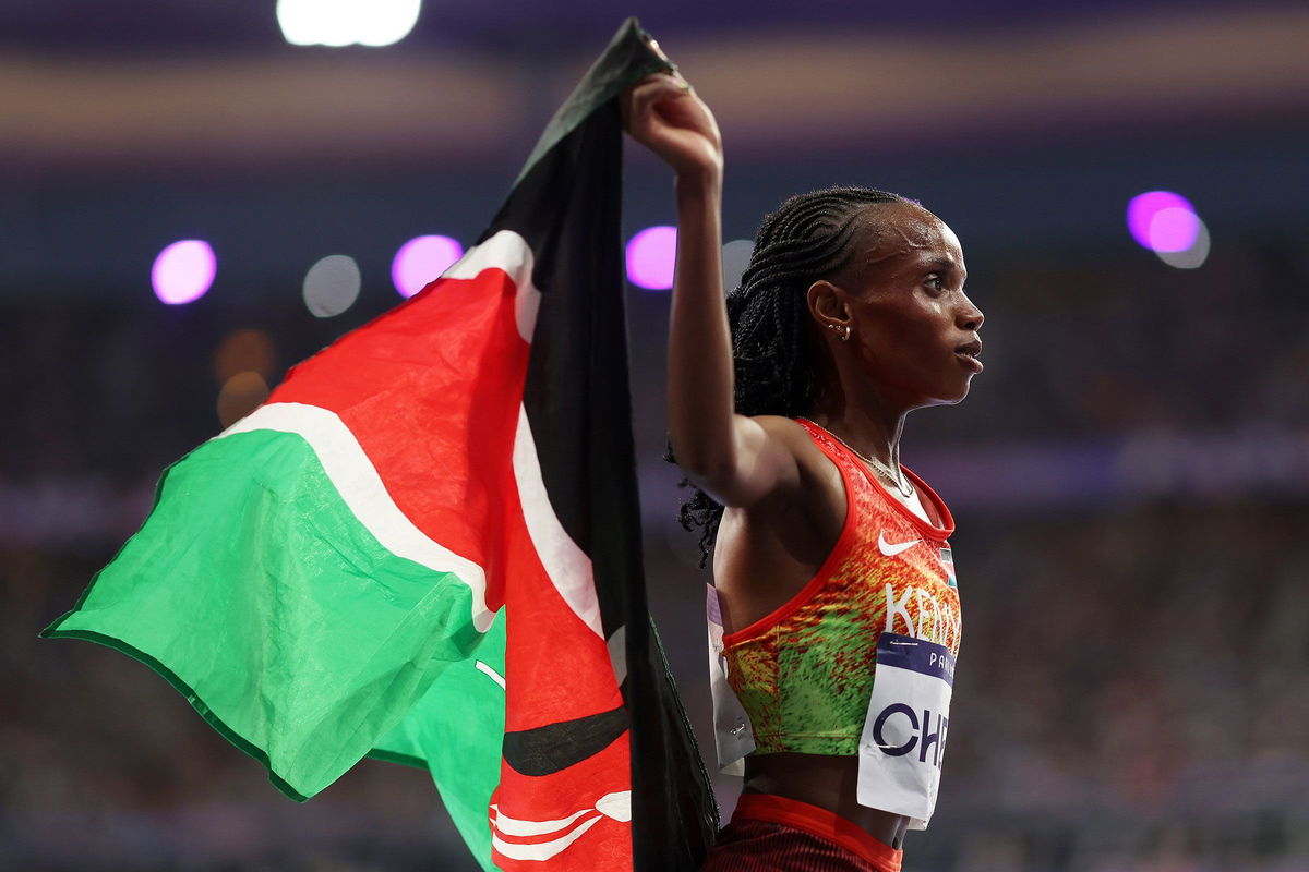 <i>Christian Petersen/Getty Images/File via CNN Newsource</i><br/>Beatrice Chebet celebrating after winning 10