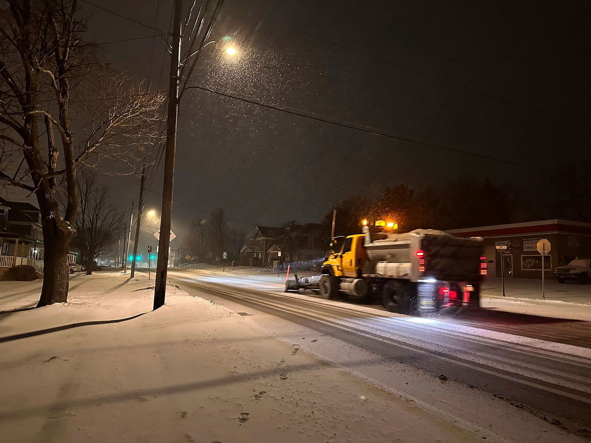 <i>Cara Anna/AP via CNN Newsource</i><br/>A snowplow passes through Lowville