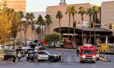 A police vehicle blocks the road near the Trump International Hotel in Las Vegas after a Tesla Cybertruck exploded in front of the entrance on Wednesday.