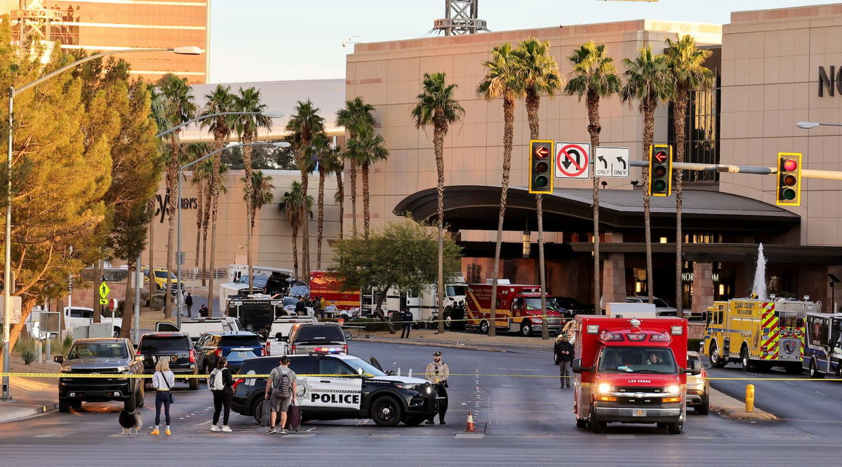 <i>Ethan Miller/Getty Images via CNN Newsource</i><br/>A police vehicle blocks the road near the Trump International Hotel in Las Vegas after a Tesla Cybertruck exploded in front of the entrance on Wednesday.