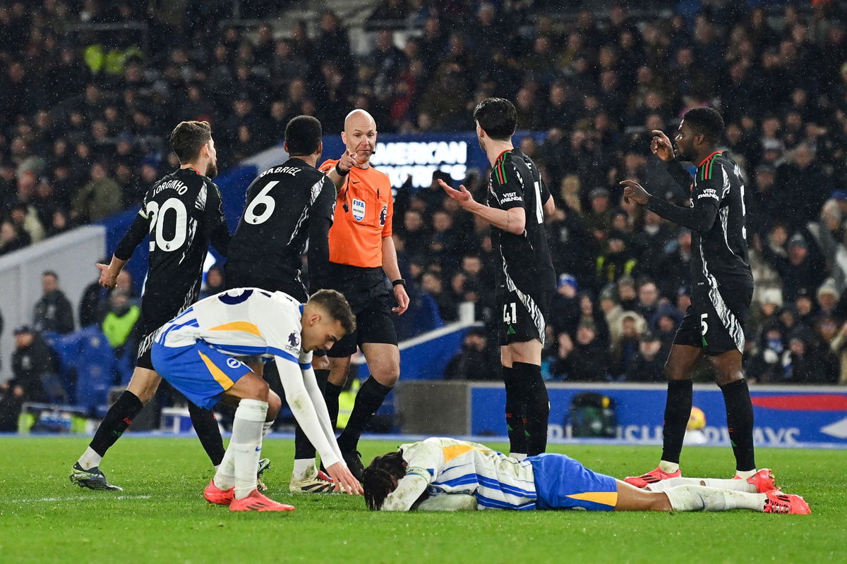 <i>Glyn Kirk/AFP/Getty Images via CNN Newsource</i><br/>Brighton's Brazilian striker João Pedro reacts following the foul as referee Anthony Taylor gives a penalty to Brighton.