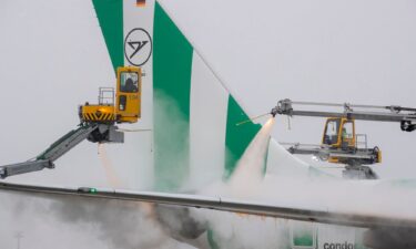 An aircraft is de-iced at Frankfurt Airport on January 5. Heavy snowfall disrupted parts of Europe on Sunday