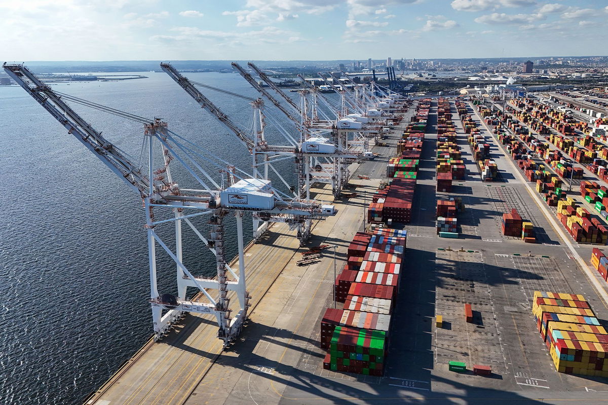 <i>Anna Moneymaker/Getty Images via CNN Newsource</i><br/>An aerial view of the Dundalk Marine Terminal in Baltimore