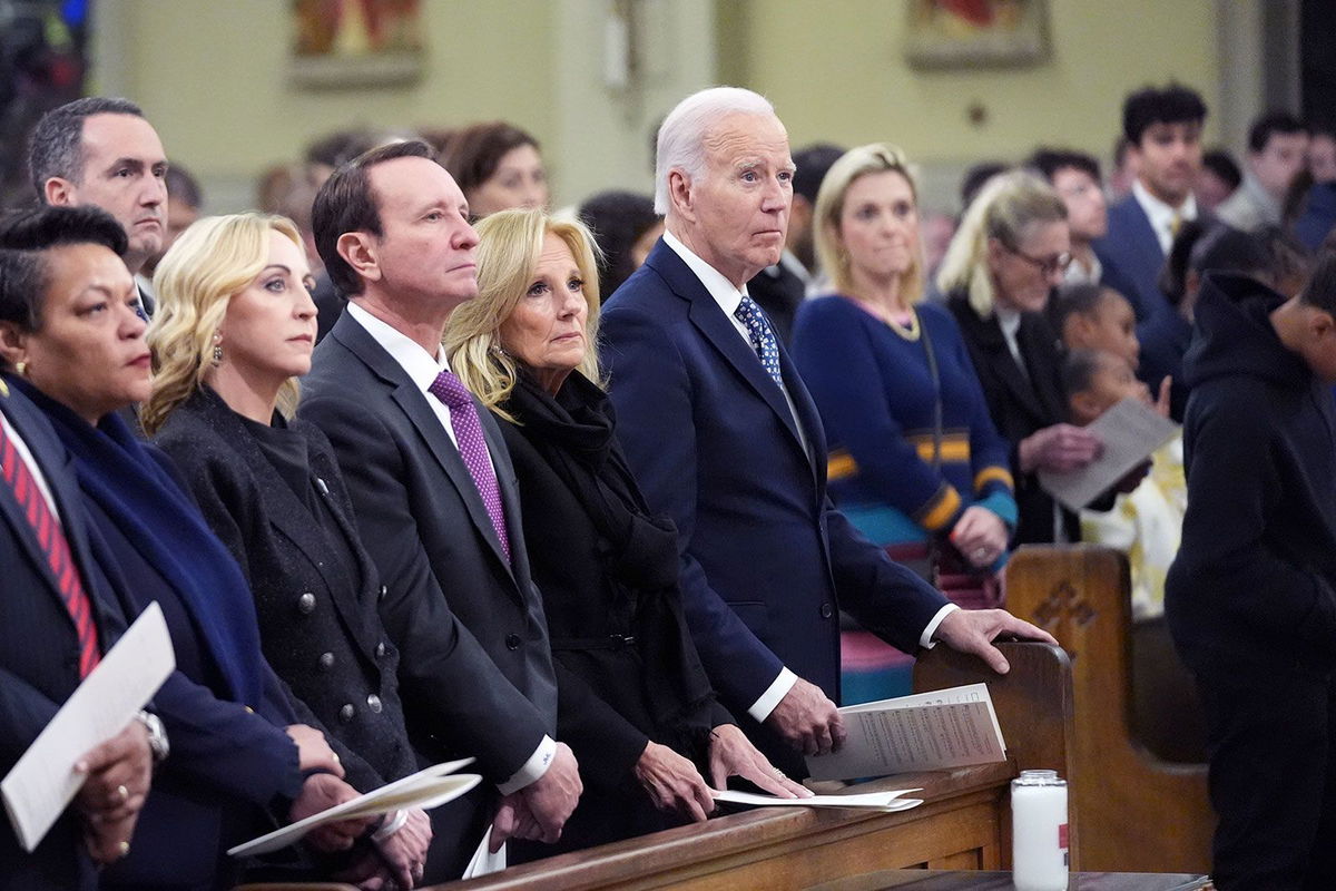 <i>Stephanie Scarbrough/AP via CNN Newsource</i><br/>President Joe Biden and first lady Jill Biden participate in an interfaith prayer service for the victims of the deadly New Years truck attack