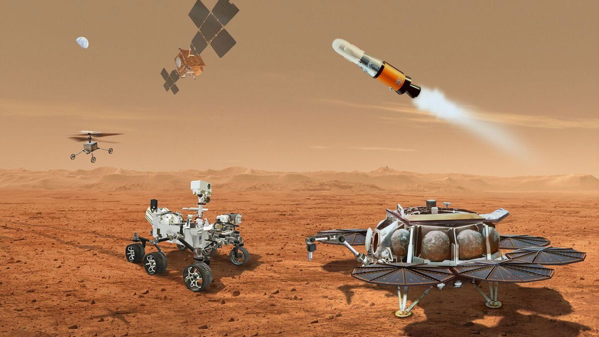 <i>NASA/JPL-Caltech via CNN Newsource</i><br/>This illustration for the original concept of Mars Sample Return shows multiple robots that would team up to ferry samples to Earth from the red planet.