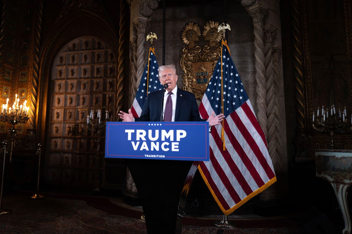 <i>Scott Olson/Getty Images via CNN Newsource</i><br/>U.S. President-elect Donald Trump speaks to members of the media during a press conference at the Mar-a-Lago Club in Palm Beach