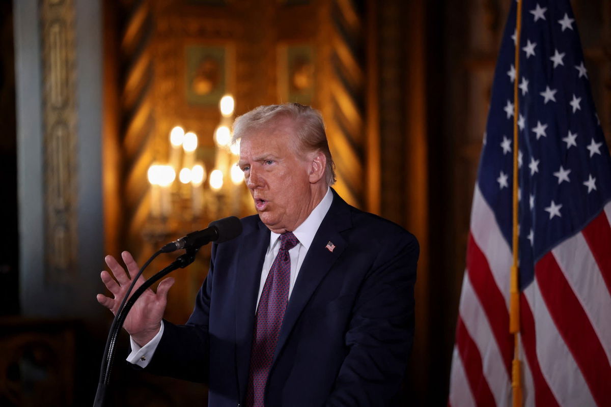 <i>Carlos Barria/Reuters via CNN Newsource</i><br/>U.S. President-elect Donald Trump makes remarks at Mar-a-Lago in Palm Beach