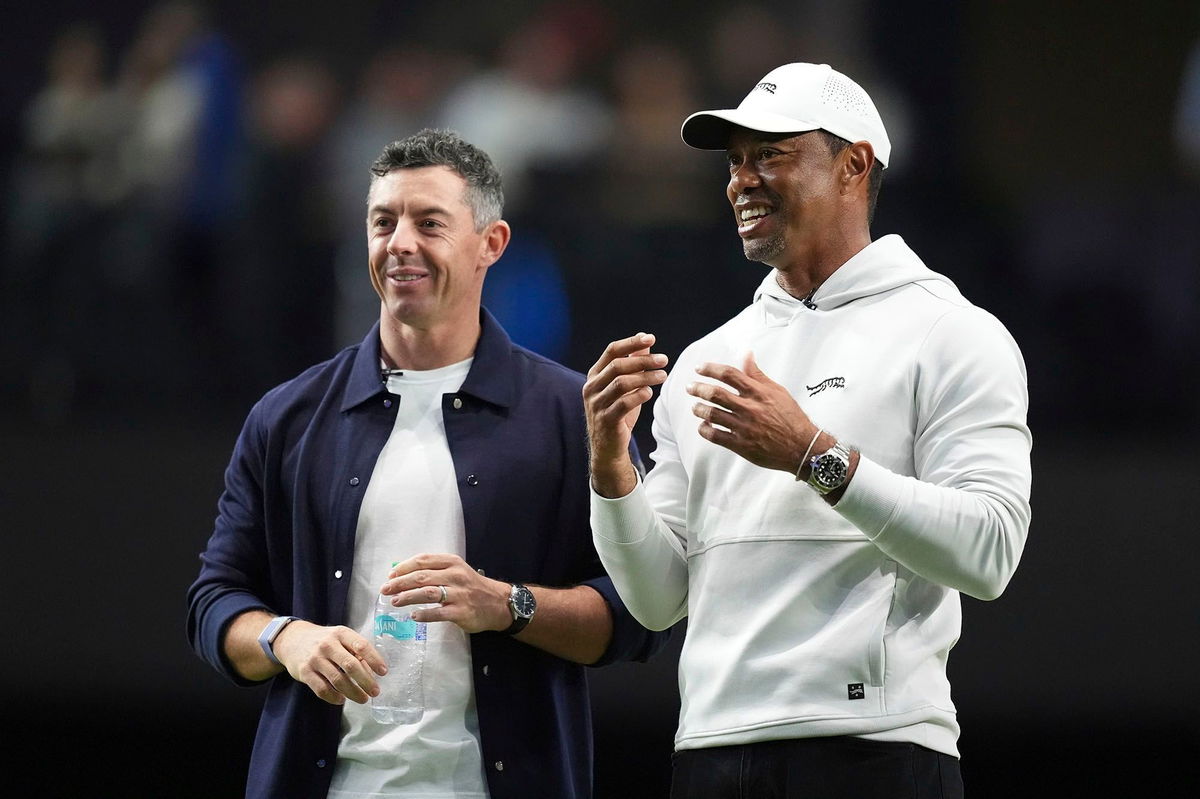 <i>Rebecca Blackwell/AP via CNN Newsource</i><br/>Rory McIlroy and Tiger Woods were in attendance for the first game of TGL.