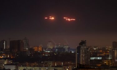 Tracer rounds in the night sky as Ukraine attempts to down Russian drones over Kyiv on January 8.