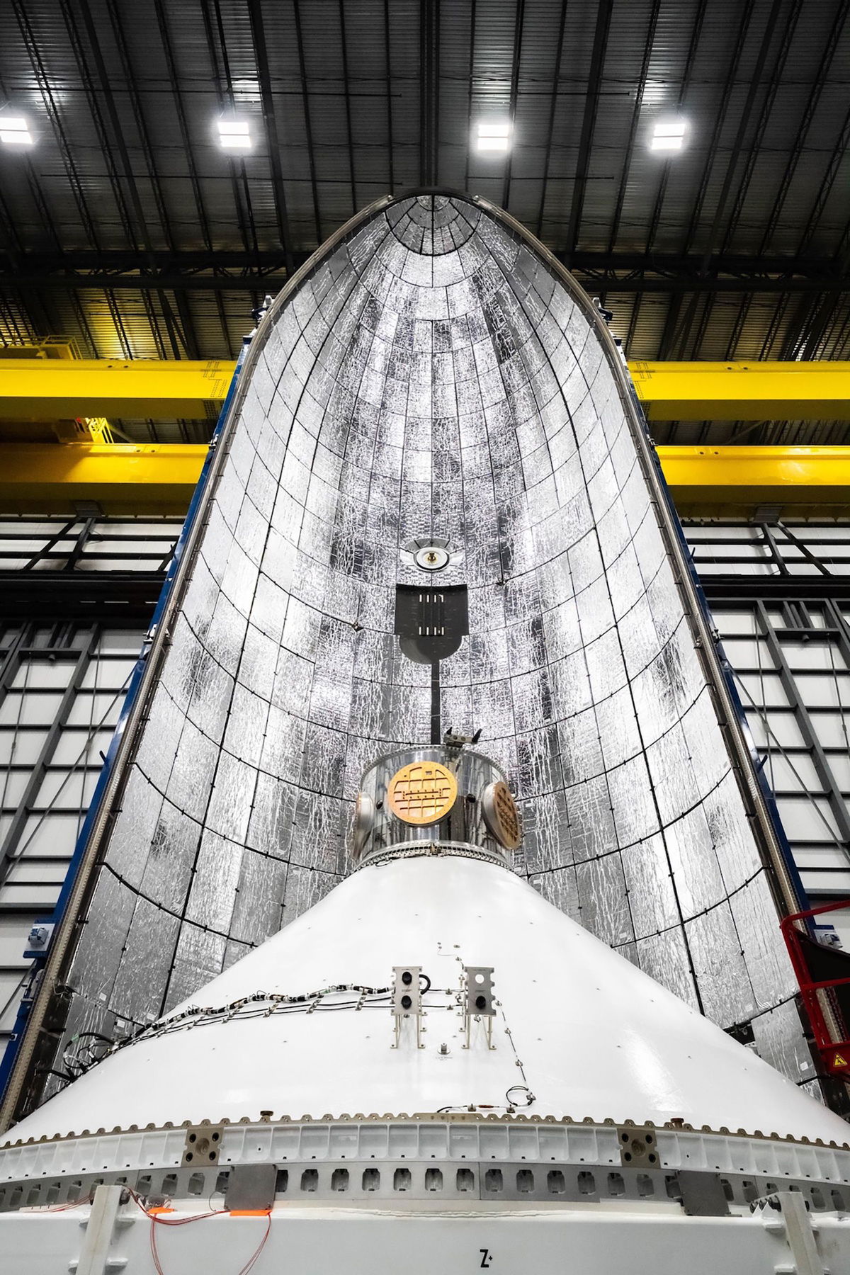 <i>Courtesy Blue Origin via CNN Newsource</i><br/>The Blue Ring Pathfinder demonstrator is seen with one half of the New Glenn rocket's payload fairing