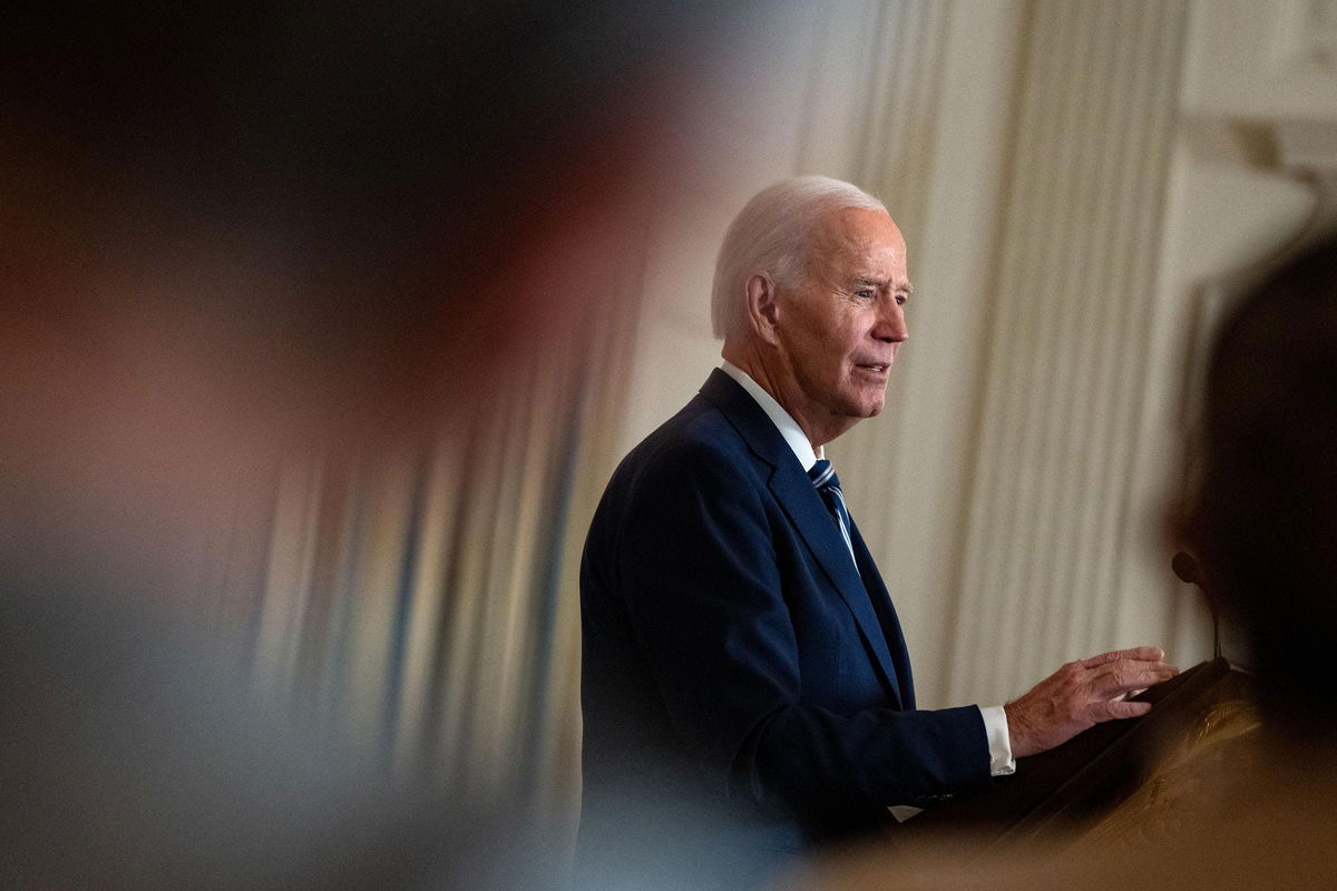 <i>Kent Nishimura/Getty Images via CNN Newsource</i><br/>President Joe Biden speaks during a reception for new democratic members of the United States Congress in the State Dining Room of the White House on January 5