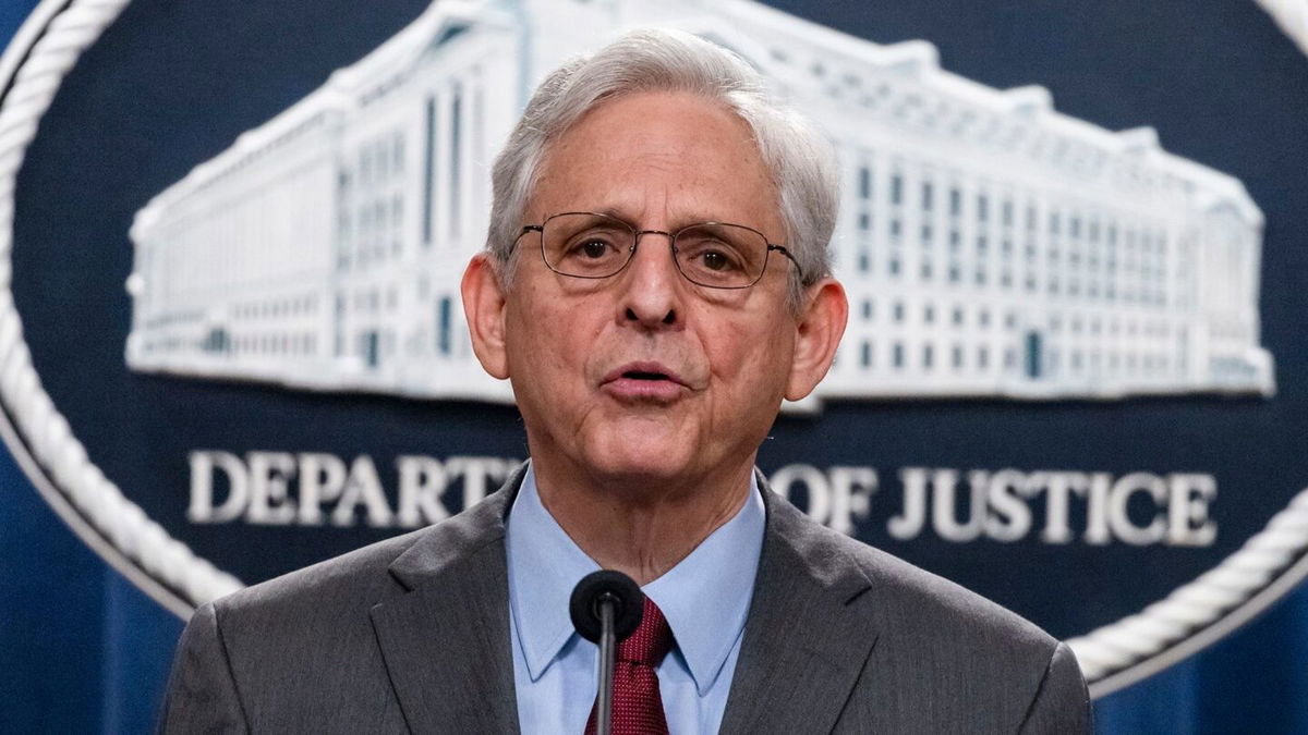 <i>Samuel Corum/Getty Images via CNN Newsource</i><br/>Attorney General Merrick Garland speaks during a press conference at the Department of Justice on June 27