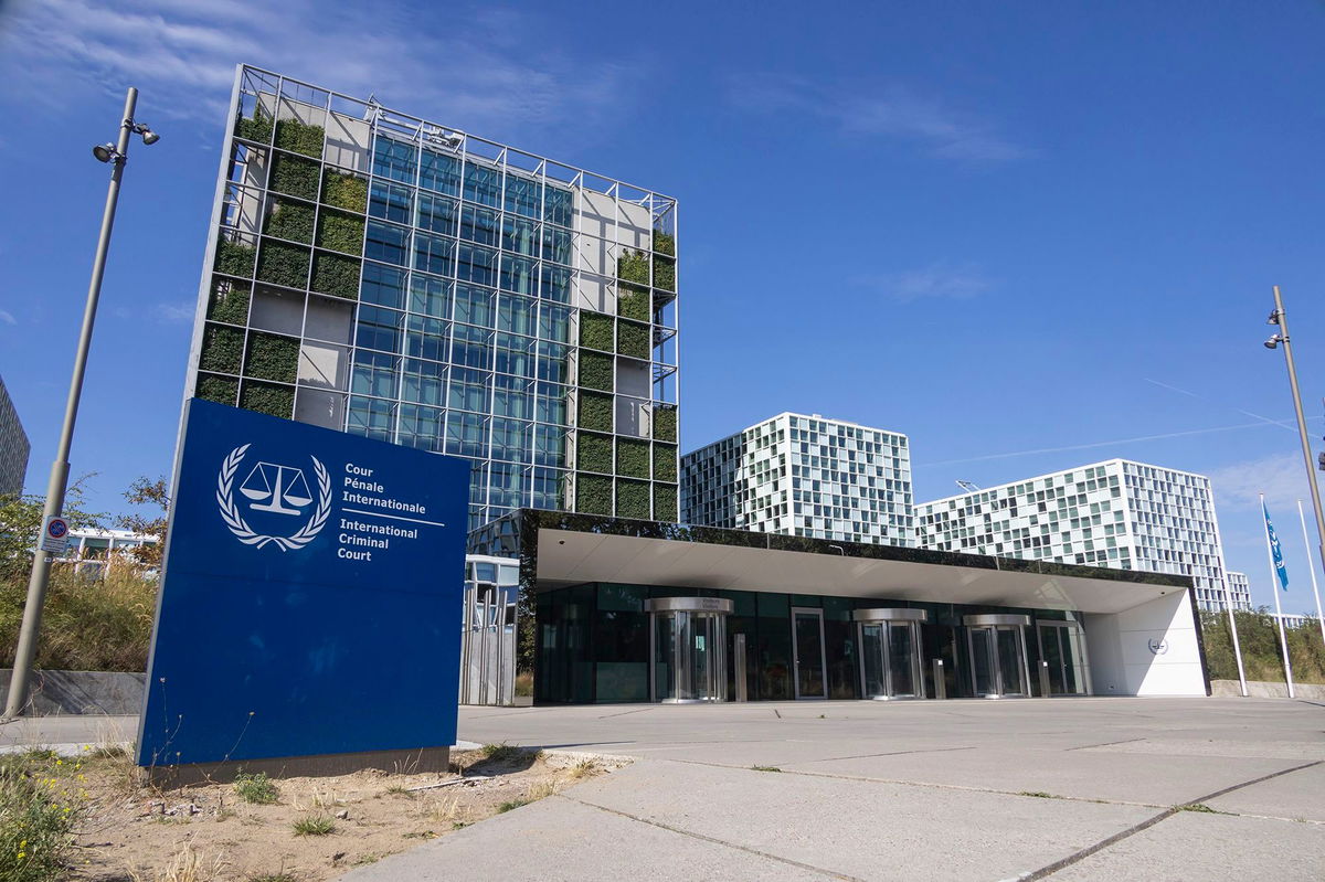 <i>Nicolas Economou/NurPhoto/Getty Images via CNN Newsource</i><br/>A sign is pictured with the official logo and inscription of the International Criminal Court