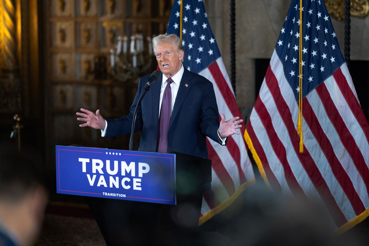 <i>Scott Olson/Getty Images via CNN Newsource</i><br/>President-elect Donald Trump speaks to members of the media during a press conference at the Mar-a-Lago Club on January 7 in Palm Beach