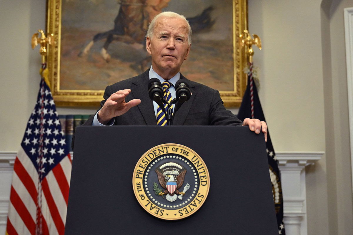 <i>Andrew Caballero-Reynolds/AFP/Getty Images via CNN Newsource</i><br/>US President Joe Biden speaks about the economy in the Roosevelt Room of the White House in Washington